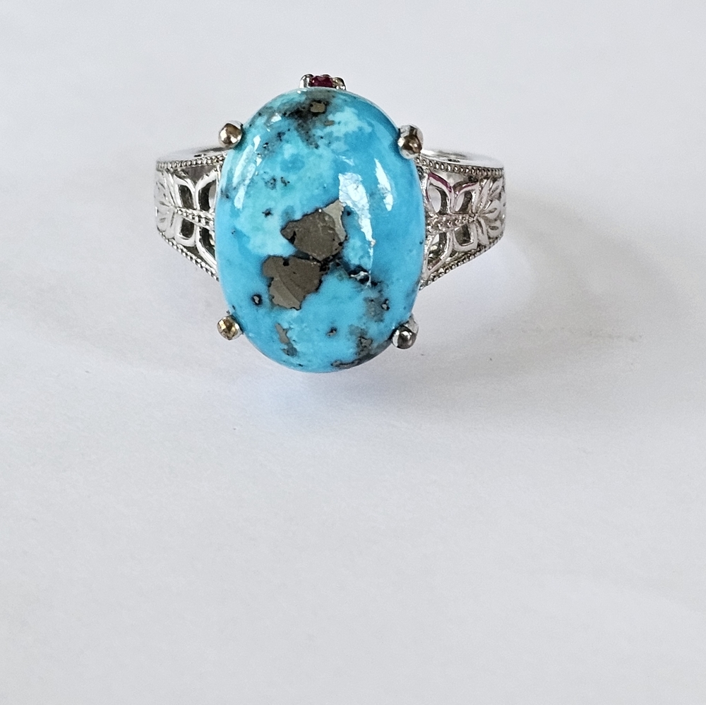 Genuine Turquoise w/Pyrite & Ruby Platinum/925 🦋 Size 9! - Picture 8 of 8